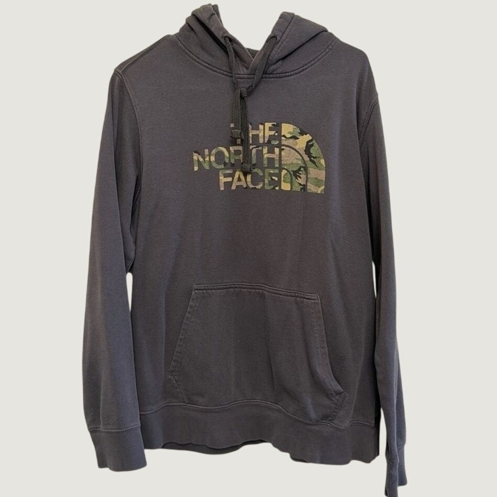 The North Face Mens Hoodie Gray Camo Logo Pullover Sweatshirt Medium TNF